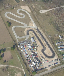 An aerial view shows the challenging layout of the Katy kart racing track.