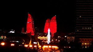 The Flame Towers illuminated at night - a unique highlight of the Baku skyline at night.