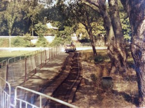 An amusement train in Bulvar Park in 1993, where children and families could ride around a small portion of the park on rails.